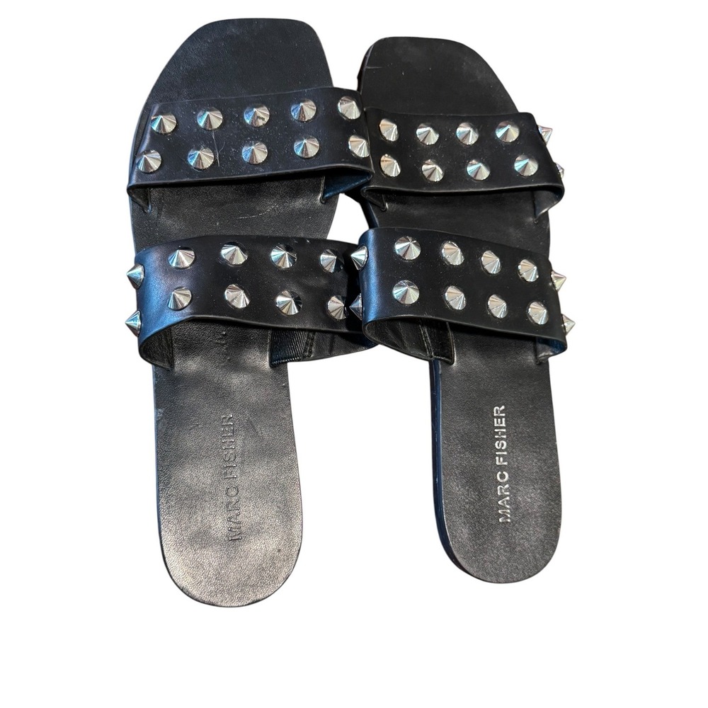 Marc Fisher Black Leather Studded Slide Sandals Double Strap Size 8 - Picture 3 of 6